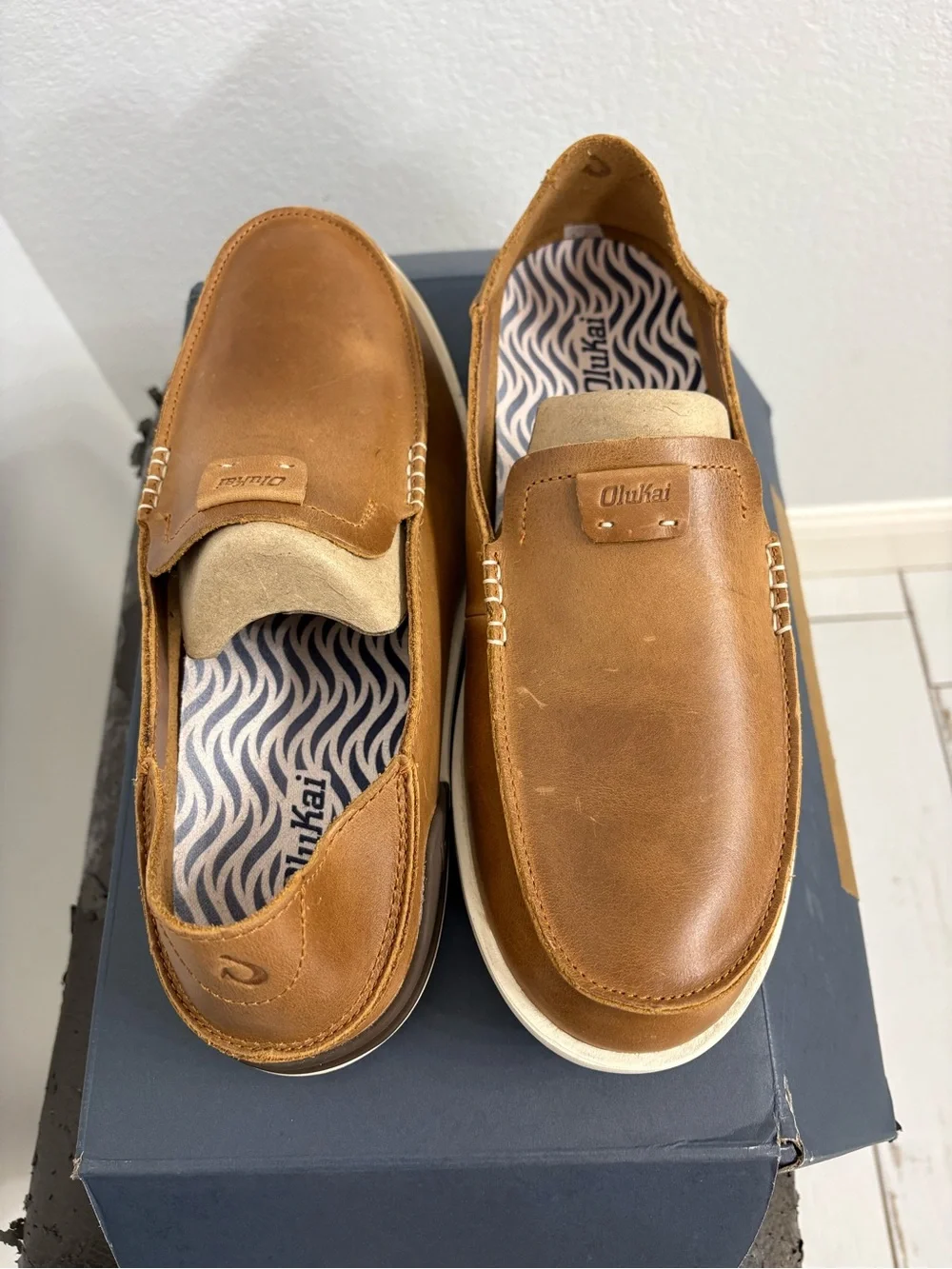 OluKai Brown Leather Slip-On Loafers with Cream Sole